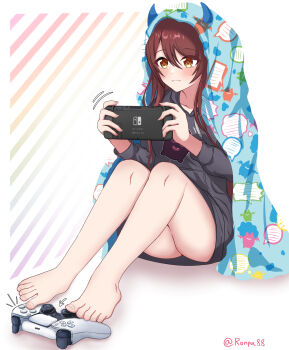 Rule 34 | 1girl, absurdres, bare legs, barefoot, black hoodie, blush, brown hair, character print, collarbone, commentary request, commission, controller, debi tarou, game controller, handheld game console, highres, holding, holding handheld game console, hood, hoodie, idolmaster, idolmaster shiny colors, knees up, light smile, long hair, looking at object, nintendo switch, osaki tenka, playing games, print hood, ronpa, sitting, skeb commission, solo, straight hair, toes, twitter username, very long hair, wireless game controller, yellow eyes