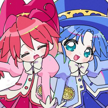 2girls :d artist_name blue_hair blue_hat blue_shirt blue_skirt blush bow bowtie closed_eyes commentary dot_nose fine_(futagohime) fushigiboshi_no_futago_hime green_eyes grey_outline hat highres juliet_sleeves long_hair long_sleeves looking_at_viewer multiple_girls open_mouth outline parted_bangs pink_shirt pleated_skirt puffy_sleeves red_hair red_hat red_skirt rein_(futagohime) shirt siblings simple_background sisters skirt smile symbol-only_commentary twins upper_body white_background white_bow white_bowtie yalmyu