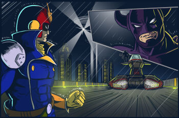 2boys abs armor belt black_bodysuit black_bull black_shadow_(f-zero) blue_coat bodysuit brown_belt buttons captain_falcon city clenched_hand close-up closed_mouth coat f-zero f-zero_gx fake_horns helmet high_collar horns jrcomicart male_focus mask multiple_boys night nintendo pauldrons race_vehicle rain red_headwear scarf science_fiction shoulder_armor showdown single_pauldron smirk white_eyes yellow_scarf