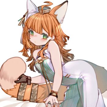 1girl animal_ears arknights black_gloves cat_ears cat_girl cat_tail dress gloves green_dress green_eyes highres kochiya_(gothope) long_hair looking_at_viewer orange_hair papyrus_(arknights) single_glove solo tail tail_ornament tail_ring two-tone_dress white_background white_dress