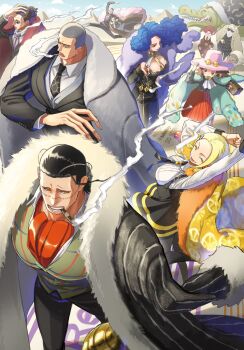 4girls 6+boys ^_^ absurdres arms_up ascot bananawani_(one_piece) black_bow black_bowtie black_hair black_suit blonde_hair blue_hair bon_clay bow bowtie buzz_cut cigar cigarette closed_eyes coat crocodile crocodile_(one_piece) crocodilian curly_hair daz_bones dog eyewear_on_headwear food_print formal_clothes from_above fruit_print fur-trimmed_coat fur_coat fur_trim galdino green_vest hair_slicked_back hat highres hook_hand lassoo_(one_piece) lemon_print long_hair miss_goldenweek miss_merry_christmas miss_valentine mister_five_(one_piece) mister_four_(one_piece) multiple_boys multiple_girls one_piece orange_ascot paula_(one_piece) pink_hat pyramid_(structure) red_hair short_hair smile smoke stitched_face stitches suit sukehige twitter_username very_short_hair vest walking