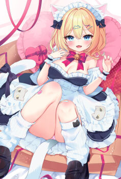 Rule 34 | 1girl, akahaneko, animal ears, apron, bell, black bow, black dress, black shoes, blonde hair, blue eyes, blush, bow, bowtie, box, breasts, cat ears, cat girl, cat hair ornament, cat tail, cleavage, crossed bangs, curly hair, dress, dutch angle, fangs, frilled dress, frilled wrist cuffs, frills, hair between eyes, hair bow, hair ornament, hands up, heart, heart-shaped box, heart-shaped pillow, jingle bell, knee blush, knees together feet apart, knees up, leg warmers, looking at viewer, maid, maid headdress, medium breasts, medium hair, nail polish, neck bell, off shoulder, open mouth, original, panties, pantyshot, pillow, pink nails, pink panties, red bow, red bowtie, red ribbon, ribbon, shoes, single bare shoulder, smile, solo, striped bow, tail, tail bow, tail ornament, tail raised, underwear, valentine, white dress, white headdress, white leg warmers, white tail, wrist cuffs, x hair ornament