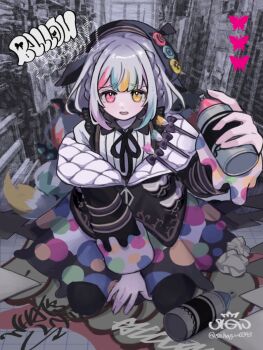 1girl artist_painter beret between_legs black_skirt bug butterfly collared_shirt commentary_request full_body graffiti grey_background grey_hair hand_between_legs hand_up hat heterochromia highres holding holding_spray_can insect jogasaki_noah long_hair long_sleeves looking_at_viewer mahou_shoujo_no_majo_saiban multi-tied_hair multicolored_hair neck_ribbon open_mouth pink_butterfly ribbon sahagin_(sahagin0343) shirt sitting skirt smile solo spray_can streaked_hair white_shirt yellow_eyes