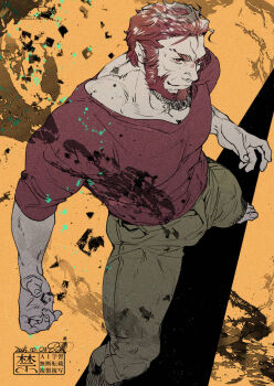 1boy barefoot beard brown_pants dated facial_hair fate/zero fate_(series) from_above full_body iskandar_(fate) looking_at_viewer male_focus mature_male muscular muscular_male pants pectorals red_eyes red_hair red_shirt shirt short_hair short_sleeves smile solo standing t-shirt t_r_t26