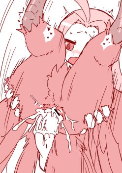 1boy 1girl ahoge akai_(ugokashitari) bar_censor bird_legs bird_tail blush censored cloaca cum_in_cloaca feathered_wings feathers harpy harpy_(akai) heart hetero highres huge_ahoge long_hair monochrome monster_girl open_mouth original penis pointless_censoring red_feathers red_theme red_wings reverse_suspended_congress sex sex_from_behind simple_background spoken_heart tail white_background winged_arms wings