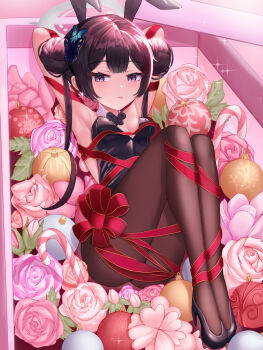 1girl alternate_costume animal_ear_hairband animal_ears armpits arms_behind_head black_bow black_bowtie black_hair black_leotard black_pantyhose black_shoes blue_archive blunt_bangs blush bound bound_arms bound_legs bound_torso bow bowtie box breasts butterfly_hair_ornament center-flap_bangs christmas christmas_ornaments commentary_request detached_collar double_bun earrings fake_animal_ears flower full_body gift grey_eyes grey_halo gyeonyu_art hair_bun hair_ornament hairband halo high_heels highres in_box in_container jewelry kisaki_(blue_archive) knees_up leaf legs legs_together leotard lips long_hair looking_at_viewer pantyhose parted_lips pink_flower pink_rose playboy_bunny rabbit_ear_hairband rabbit_ears red_ribbon ribbon rose shoes sidelocks sitting slit_pupils small_breasts solo sparkle straight_hair strapless strapless_leotard thighs tsurime twintails your_present_is_me