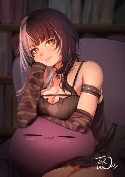 1girl arm_warmers black_choker black_dress black_hair blunt_bangs breasts chest_belt choker cleavage closed_mouth commentary_request dress grey_hair highres hololive hololive_english large_breasts long_hair looking_at_viewer multicolored_hair shiori_novella shiori_novella_(1st_costume) short_dress sleeveless sleeveless_dress smile solo split-color_hair takodachi_(ninomae_ina&#039;nis) takomonty virtual_youtuber yellow_eyes