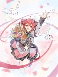 Rule 34 | 1girl, absurdres, ahoge, arm up, bird, bouquet, dove, drill hair, flower, frilled skirt, frills, grey jacket, grey skirt, hair between eyes, hair ribbon, highres, holding, holding bouquet, jacket, kasane teto, kasane teto (sv), long sleeves, open mouth, pleated skirt, red eyes, red hair, red trim, ribbon, sang yu qwq, sketch, skirt, sleeve cuffs, smile, solo, sunflower, synthesizer v, twin drills, utau, white ribbon
