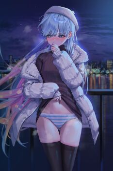 1girl absurdres black_sweater black_thighhighs blue_eyes blue_hair blush breasts city city_lights cityscape clothes_lift cloud coat colored_inner_hair commentary commission covered_mouth embarrassed erica_(soccer_spirits) floating_hair hair_between_eyes hat highres jacket lens_flare lifting_own_clothes long_hair looking_to_the_side medium_breasts merumeko multicolored_hair navel night outdoors panties pink_hair railing river sleeves_past_wrists soccer_spirits solo star_(sky) steam striped_clothes striped_panties sweat sweater sweater_lift symbol-shaped_pupils thighhighs thighs underwear vertical-striped_clothes vertical-striped_panties very_long_hair water white_coat white_hat white_jacket