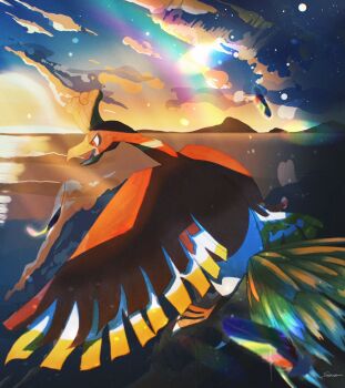 animal_focus beak bird cloud commentary_request flying gen_2_pokemon highres ho-oh legendary_pokemon nintendo no_humans open_mouth outdoors pokemon pokemon_(creature) pokemon_focus sazanami_(rsrm1) sky solo sunrise talons wings
