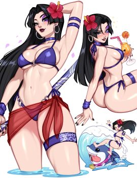 1girl :p arm_behind_head arm_strap arm_support arm_up armpits artist_name ass bikini black_hair black_nails blue_bikini blue_choker blue_eyes blush blushyspicy breasts choker cleavage closed_mouth commentary cup curvy drinking_straw earrings english_commentary facepaint falling_petals female_focus flower food fruit hair_flower hair_ornament hibiscus highleg highleg_bikini highres holding holding_cup hoop_earrings huge_ass jeff_(marvel) jewelry large_breasts light_smile lipstick long_hair looking_at_viewer makeup marvel marvel_rivals multiple_views nail_polish navel o-ring o-ring_bikini o-ring_bottom o-ring_top orange_(fruit) orange_slice petals psylocke psylocke_(vengeance) purple_eyes red_flower red_lips red_sarong sarong shark sheath shiny_skin side-tie_bikini_bottom simple_background sitting skindentation surfing swimsuit thigh_strap thong thong_bikini tongue tongue_out tropical_drink underboob very_long_fingernails very_long_hair wading water waves white_background wide_hips x-men