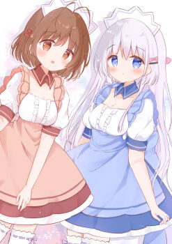 2girls absurdres alternate_costume antenna_hair blue_dress blue_eyes blush bow breasts brown_eyes brown_hair center_frills clannad cleavage collarbone commentary_request company_connection cowboy_shot crossover detached_collar dress drop_shadow dutch_angle enmaided eyes_visible_through_hair frilled_dress frills furukawa_nagisa grey_hair hair_between_eyes hair_bow hair_ornament hairclip highres key_(company) long_hair looking_at_viewer maid maid_headdress medium_breasts medium_hair multiple_girls naruse_shiroha open_mouth parallel_hairclips parted_lips pink_bow pink_dress puffy_short_sleeves puffy_sleeves purple_ribbon ribbon ribbon-trimmed_thighhighs ribbon_trim sakura_aki short_sleeves simple_background smile summer_pockets tareme thighhighs very_long_hair waitress white_background white_sleeves white_thighhighs zettai_ryouiki
