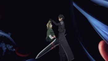 10s 2boys animated animated_gif black_eyes black_hair blonde_hair blood death execution green_eyes guro impaled kirito lowres male_focus multiple_boys oberon_(sao) open_mouth pointy_ears scared sword sword_art_online tears weapon