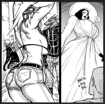 2girls 3boys absurdres alcina_dimitrescu ass back bb_(baalbuddy) belt breasts caiman_(dorohedoro) denim denim_shorts dorohedoro dress english_text ethan_winters grey_background greyscale highres monochrome multiple_boys multiple_girls nikaidou_(dorohedoro) resident_evil resident_evil_village shorts sideboob white_dress