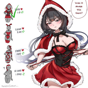 1girl absurdres black_hair blue_eyes breasts bustier capelet cleavage english_text facial_mark fur-trimmed_capelet fur-trimmed_skirt fur_trim heart heart_facial_mark highres hood hooded_capelet like_and_retweet long_hair medium_breasts mole mole_under_eye nabi_(wonnikon) original red_capelet santa_costume skirt solo speech_bubble thought_bubble twitter_strip_game white_background wonnikon