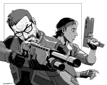 1boy 1girl absurdres alyx_vance artist_name beard decomposedtaco facial_hair glasses gordon_freeman gun half-life half-life_(series) half-life_2 hev_suit highres holding holding_gun holding_weapon round_eyewear shotgun signature simple_background weapon