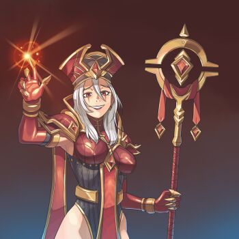 1girl 2018 arm_up armor baka_guruo black_leotard blue_background boobplate boots breastplate breasts cape claw_(weapon) clenched_hand commentary cross cross_necklace earrings elbow_gloves evil_grin evil_smile facial_mark female_focus gem gloves gold_trim gradient_background grin hair_over_one_eye hat heroes_of_the_storm highleg highleg_leotard highres holding holding_staff jewelry leotard long_hair looking_at_viewer magic makeup necklace parted_lips pauldrons pelvic_curtain red_background red_eyes red_lips sally_whitemane shoulder_armor signature smile solo staff standing tabard thick_thighs thigh_boots thighhighs thighs two-tone_background variant_set warcraft weapon white_hair