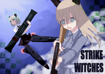 00s 2girls animal_ears black_pantyhose drum_magazine eila_ilmatar_juutilainen gun hirschgeweih_antennas light_brown_hair long_hair magazine_(weapon) multiple_girls pantyhose rocket_launcher sanya_v._litvyak short_hair silver_hair sky strike_witches striker_unit submachine_gun suomi_kp/-31 tank_(artist) uniform weapon world_witches_series