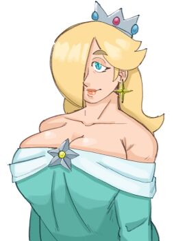 1girl aqua_dress bare_shoulders blonde_hair blue_eyes breasts brooch cleavage collarbone crown dress earrings hair_over_one_eye jewelry large_breasts long_hair long_sleeves marellartt mario_(series) nintendo off-shoulder_dress off_shoulder rosalina solo star_(symbol) star_brooch star_earrings