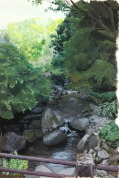 Rule 34 | bare tree, bush, grass, harusa1107, highres, moss, original, outdoors, painting (medium), river, rock, scenery, shadow, sunlight, traditional media, tree, water