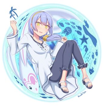 1girl black_leggings blush dress eel elefee familiar fish grey_hair hair_ornament hairband highres izumi_(under_night_in-birth) jellyfish leggings long_hair nail_polish open_mouth sandals seahorse side_ponytail simple_background soukitsu starfish toenails toes tropical_fish under_night_in-birth under_night_in-birth_2_sys:celes white_dress yellow_eyes yellow_hairband