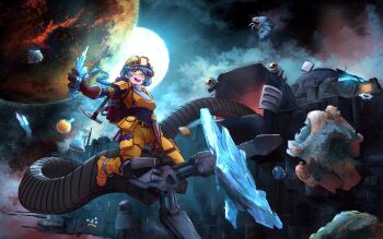armor belt belt_buckle blue_hair boots braid braided_ponytail buckle cube engineer_(factorio) factorio gears glasses gloves highres hrusa mineral mining_helmet pickaxe planet pouch space spaceship strap vial yellow_eyes