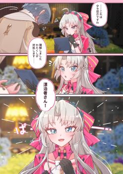 1boy 1girl ahoge black_gloves blue_eyes blurry blurry_background bow carlotta_(wuthering_waves) commentary_request dated flying_sweatdrops game_screenshot_background gloves grey_hair hair_bow hairband hand_up highres holding holding_tablet_pc jacket light_blush long_hair looking_at_viewer notice_lines npc_(wuthering_waves) open_mouth parted_bangs pink_bow pink_hairband pink_jacket screenshot_background signature smile starblame striped_bow tablet_pc translation_request wuthering_waves