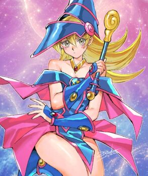1girl 203wolves artist_name bare_shoulders blonde_hair blue_boots blue_hat blush blush_stickers boots breasts capelet cleavage commentary_request dark_magician_girl duel_monster gradient_background hair_between_eyes hat hexagram holding holding_wand long_hair looking_at_viewer pentacle pentagram phrygian_helmet pink_capelet pink_skirt showgirl_skirt skirt solo staff star_(sky) starry_sky_background wand wizard_hat yellow_eyes yu-gi-oh!