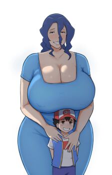 1boy 1girl absurdres age_difference arms_behind_back ash_ketchum baseball_cap black_hair blue_dress blue_hair blue_jacket blue_pants blush breasts brown_eyes cleavage collarbone covered_erect_nipples cowboy_shot curvy dress front-to-back gigantic_breasts grin hair_between_eyes half-closed_eyes hand_on_another's_chest hand_on_another's_shoulder hannya_san hat height_difference hetero highres jacket looking_at_viewer mature_female medium_hair mother_and_son nintendo onee-shota pants plump pokemon shirt short_hair short_sleeves shota sidelighting simple_background size_difference smile teeth thick_thighs thighs v_arms white_background white_shirt wide_hips