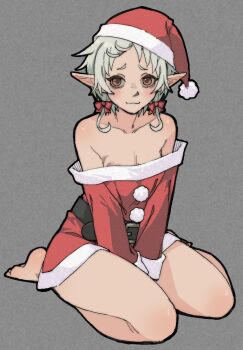 1girl :3 areola_slip bare_shoulders between_legs bow brown_eyes dress full_body green_hair hair_bow hand_between_legs hat highres mushoku_tensei off-shoulder_dress off_shoulder pantsu-ripper pointy_ears raised_inner_eyebrows santa_costume santa_dress santa_hat short_dress short_hair_with_long_locks sitting solo sylphiette_(mushoku_tensei) wariza