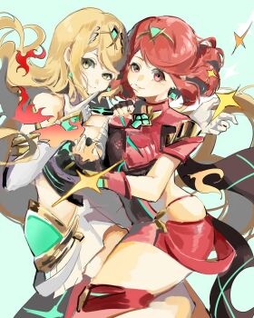 2girls 4me3ba_niku blonde_hair breast_press breasts chest_jewel cleavage clothing_cutout core_crystal_(xenoblade) cowboy_shot dress earrings fire highres hip_vent jewelry long_hair looking_at_viewer microdress multiple_girls mythra_(xenoblade) pyra_(xenoblade) red_eyes red_hair red_shorts short_hair shorts simple_background smile sparkle symmetrical_docking tiara white_dress xenoblade_chronicles_(series) xenoblade_chronicles_2 yellow_eyes