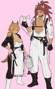 Rule 34 | 1boy, 1girl, :d, abs, animal ear hairband, animal ears, animal print, apron, areola slip, arm at side, asymmetrical bangs, bell, belt, black belt, black boots, black collar, black gloves, black jacket, black pants, bodysuit, boots, bottle, breasts, brown eyes, brown hair, brown tail, bucket, buttons, clenched hand, closed mouth, collar, collarbone, collared bodysuit, commentary, cookie run, cookie run: ovenbreak, cow ear hairband, cow ears, cow print, cow tail, croissant cookie, croissant cookie (director of the tbd), curtained hair, dark-skinned female, dark-skinned male, dark skin, dog ears, dog girl, dog tail, dreadlocks, drill hair, drill ponytail, ear piercing, english commentary, eyes visible through hair, facial scar, fake animal ears, fake horns, fake tail, frown, full body, gloves, grin, hair behind ear, hair between eyes, hairband, hand on own hip, height difference, high heel boots, high heels, high ponytail, highres, holding, holding bottle, holding bucket, horn hairband, horns, humanization, jacket, jingle bell, kemonomimi mode, knee boots, lapels, large breasts, long hair, looking at viewer, low ponytail, milk bottle, muscular, muscular male, naked apron, naked jacket, navel, neck bell, nipples, official alternate hairstyle, ohta guk hip, open bodysuit, open clothes, open jacket, open mouth, pants, pectorals, piercing, pink background, pink gloves, pocket, ponytail, purple eyes, red hair, scar, scar on breasts, scar on cheek, scar on face, side-by-side, simple background, single vertical stripe, smile, standing, string gummy cookie, sweatdrop, tail, thick eyebrows, three-quarter sleeves, tsurime, v-shaped eyebrows, white apron, white bodysuit, white boots, white hairband, white tail