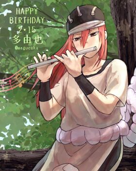 1girl artist_name birthday black_hat black_shirt brown_eyes character_name commentary dated english_text flute forest grey_shirt hair_between_eyes happy_birthday hat holding holding_flute holding_instrument in_tree instrument long_hair mogueaka music musical_note naruto_(classic) naruto_(series) nature ninja pelvic_curtain playing_instrument red_hair rope shimenawa shirt sitting sitting_in_tree smile solo tayuya_(naruto) translated tree tree_stump undershirt