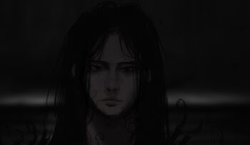 1boy bags_under_eyes black_cloak black_hair cloak dim_lighting expressionless gloxartx highres indoors long_hair looking_at_viewer male_focus portrait serious shadow_slave smoke solo stairs straight-on sunny_(shadow_slave) throne tile_floor tiles