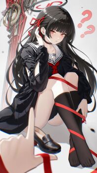 1girl 1other ? ?? absurdres arm_cutout black_choker black_hair black_jacket black_shirt black_shoes black_skirt black_socks blue_archive bright_pupils chinese_commentary chisa_(wuthering_waves) choker chromatic_aberration clothing_cutout collarbone commentary_request hair_ribbon halo hand_up highres jacket knees_up loafers long_hair long_sleeves looking_at_viewer muzhucunmuzhucun neckerchief parted_lips planted planted_sword planted_weapon pointing pointing_at_another pov pov_hands red_eyes red_neckerchief red_ribbon ribbon rio_(blue_archive) sailor_collar shirt shoes sitting skirt socks sword tacet_mark_(wuthering_waves) unworn_shoes weapon white_pupils white_sailor_collar wuthering_waves