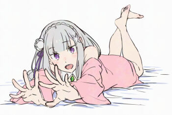 1girl absurdres braid elf emilia_(re:zero) flower gem green_gemstone hair_flower hair_ornament hair_ribbon highres pointy_ears purple_ribbon re:zero_kara_hajimeru_isekai_seikatsu ribbon rose sagawa_haruka solo white_flower white_rose x_hair_ornament