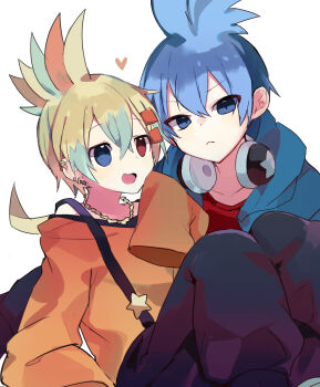 :3 :c :d black_pants blonde_hair blue_eyes blue_hoodie blue_streaks chain crossed_bangs ear_piercing earrings frown gold_chain hair_between_eyes headphones headphones_around_neck heart heterochromia highres hood hood_down hoodie humanization jewelry larry_koopa lemmy_koopa looking_at_another looking_at_viewer low_ponytail lzesmelt male_focus mario_(series) mohawk multicolored_hair nintendo open_mouth pants piercing ponytail red_eyes red_shirt red_streaks shirt sleeves_past_fingers sleeves_past_wrists slit_pupils smile upper_body white_background
