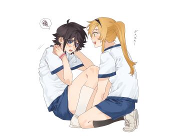 2girls alternate_costume alternate_hairstyle black_hair black_headband black_socks blonde_hair blue_eyes exercising gym_uniform headband heart-shift_bracelets highres holding_another's_foot jiguang_haibao koishikawa_iko long_hair momijiyama_teru multiple_girls open_mouth ponytail scar_across_eyebrow scar_on_face semi-rimless_eyewear shirt short_sleeves shy_(series) simple_background sit-up socks sweat teeth translation_request upper_teeth_only white_background white_shirt white_socks yellow_eyes