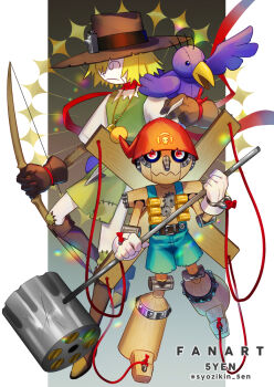 5-en blonde_hair blue_overalls boots bow_(weapon) brown_boots commentary_request digimon digimon_(creature) green_shirt hammer holding holding_bow_(weapon) holding_hammer holding_weapon long_nose nohemon overalls pinochimon puppet scarecrow shirt short_hair stuffed_animal stuffed_bird stuffed_toy weapon