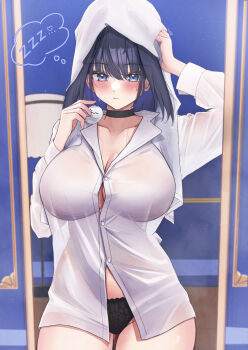 1girl absurdres arm_up black_choker black_panties blue_eyes blue_hair blush breasts button_gap choker cleavage closed_mouth collared_shirt commentary dress_shirt english_commentary fanged_bangs hand_up highres holding hololive hololive_english indoors large_breasts long_sleeves looking_at_viewer mofu07519 no_pants ouro_kronii panties see-through_silhouette shirt short_hair solo towel towel_on_head underwear virtual_youtuber white_shirt zzz