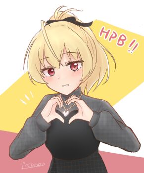 Rule 34 | 1girl, ahoge, ando tazusa, artist name, assault lily, black shirt, blush, bow, commentary request, grey shirt, grin, hair bow, hands up, happy birthday, heart, heart hands, heart necklace, high ponytail, highres, jewelry, long sleeves, looking at viewer, marukame ten, necklace, notice lines, parted lips, ponytail, red background, red bow, red eyes, shirt, short hair, smile, solo, two-tone shirt, upper body, white background, yellow background
