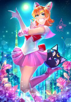 1girl \m/ artist_logo back_bow bishoujo_senshi_sailor_moon boots bow bowtie cherry_in_the_sun chibi_usa chibi_usa_(cosplay) choker circlet cityscape clip_studio_paint_(medium) commentary cosplay crescent crescent_facial_mark crossover english_commentary facial_mark flower forehead_mark high_heel_boots high_heels knee_boots logo luna-p magical_girl medium_hair miniskirt night nora_valkyrie pink_boots pink_choker pink_flower pink_rose pink_sailor_collar pink_skirt pointing pointing_at_viewer red_bow red_bowtie red_hair rose rwby sailor_collar sailor_senshi sailor_senshi_uniform skirt sky smile solo standing standing_on_one_leg star_(sky) starry_sky teeth tokyo_tower tsuki_ni_kawatte_oshioki_yo