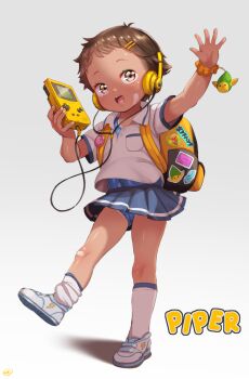 1girl backpack bag bandaid bandaid_on_knee bandaid_on_leg bare_legs blue_one-piece_swimsuit born-to-die brown_eyes brown_hair cameltoe collared_shirt controller female_focus full_body game_controller hair_ornament hairclip headphones highres holding holding_controller holding_game_controller kneehighs loli looking_at_viewer one-piece_swimsuit open_mouth original scrunchie shirt shoes short_hair short_sleeves smile socks solo standing standing_on_one_leg swimsuit swimsuit_under_clothes thighs tomboy waving white_shirt white_shoes white_socks wrist_scrunchie