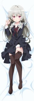 1girl absurdres artist_request bad_id bad_yandere_id black_dress bolo_tie breasts cleavage clothes_lift collared_dress dakimakura_(medium) dress feet grey_hair hair_between_eyes hair_ribbon highres long_hair ribbon skirt skirt_lift sleeve_cuffs sophie_twilight thighhighs tonari_no_kyuuketsuki-san tress_ribbon undressing very_long_hair