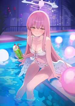 1girl angel_wings bikini blue_archive blush breasts cherry choker cleavage collarbone cup daredattakke drink drinking_glass drinking_straw feathered_wings food frilled_bikini frills fruit grin halo highres holding holding_cup ice_cream long_hair looking_at_viewer low_wings medium_breasts mika_(blue_archive) mika_(swimsuit)_(blue_archive) navel night pink_hair pink_halo pool poolside sitting smile soaking_feet solo swimsuit very_long_hair water white_bikini white_choker white_wings wings yellow_eyes