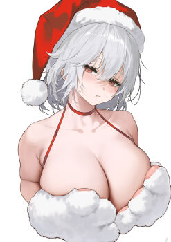 1girl :/ absurdres animal_hands armpit_crease azur_lane blush breasts cleavage closed_mouth collarbone commentary_request covering_breasts covering_privates cropped_torso fur-trimmed_headwear fur_trim gloves grey_hair hat head_tilt highres huge_breasts l_ract looking_at_viewer medium_hair paw_gloves pom_pom_(clothes) red_eyes red_hat santa_hat simple_background sirius_(azur_lane) solo white_background