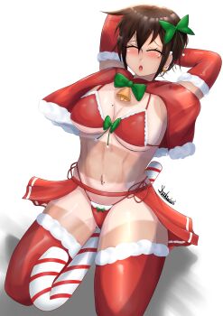 1girl :o absurdres arms_behind_head bell bell_bow blush bow bra breasts brown_hair candy candy_cane capelet christmas closed_eyes commentary dark-skinned_female dark_skin earrings elbow_gloves english_commentary eyelashes food fuko_(shadow263) fur-trimmed_bra fur-trimmed_capelet fur-trimmed_gloves fur-trimmed_thighhighs fur_trim gloves green_bow hair_between_eyes hair_bow highres jewelry kneeling mole mole_on_breast navel open_mouth original panties red_bra red_capelet red_gloves red_panties red_thighhighs shadow263 short_hair side-tie_panties signature simple_background solo stomach tan tanline thighhighs tomboy underwear white_background