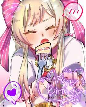 1girl 2girls birthday blonde_hair blush chaos_aurora_(grimms_notes) chaos_marie_(grimms_notes) character_name cleavage_cutout closed_eyes clothing_cutout contrast_collar english_text facing_viewer gradient_background grimms_notes hair_ribbon happy_birthday heart long_hair multiple_girls nekonekojr open_mouth pink_ribbon pov puffy_short_sleeves puffy_sleeves ribbon short_sleeves solo solo_focus spoken_heart sweatdrop typo white_background