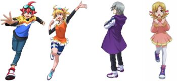 Rule 34 | 2boys, 2girls, blonde hair, blue eyes, digimon, digimon universe: appli monsters, grey hair, itsuki (digimon), jumping, kazuki (digimon), mio (digimon), multiple boys, multiple girls, naoto (digimon), official art, open mouth, red hair, yellow eyes