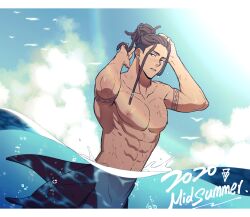 Rule 34 | 1boy, 2020, abs, air bubble, arm tattoo, arms up, babyseven 77, black eyes, blue background, blue sky, brown hair, bubble, cloud, commentary request, dark-skinned male, dark skin, dated, dreadlocks, english text, fins, hair bun, hands in hair, highres, long hair, looking at viewer, male focus, merman, monster boy, nipples, orca boy, original, outdoors, parted lips, partially submerged, scar, scar on arm, scar on chest, scar on stomach, simple bird, sky, solo, tattoo, toned, toned male, undercut, upper body, water, wet